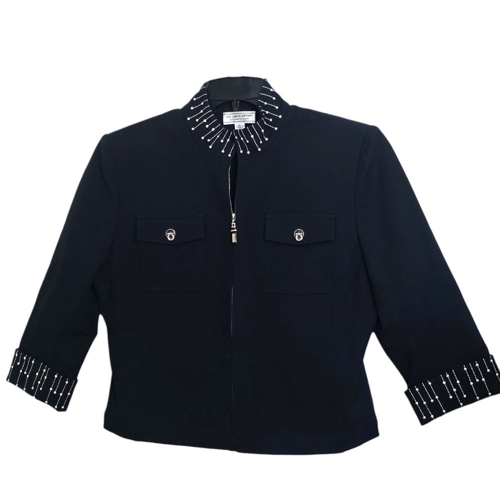 St John Sport Marie Gray Beaded Pearl Collar Cropped Jacket Blazer Black M Zip
